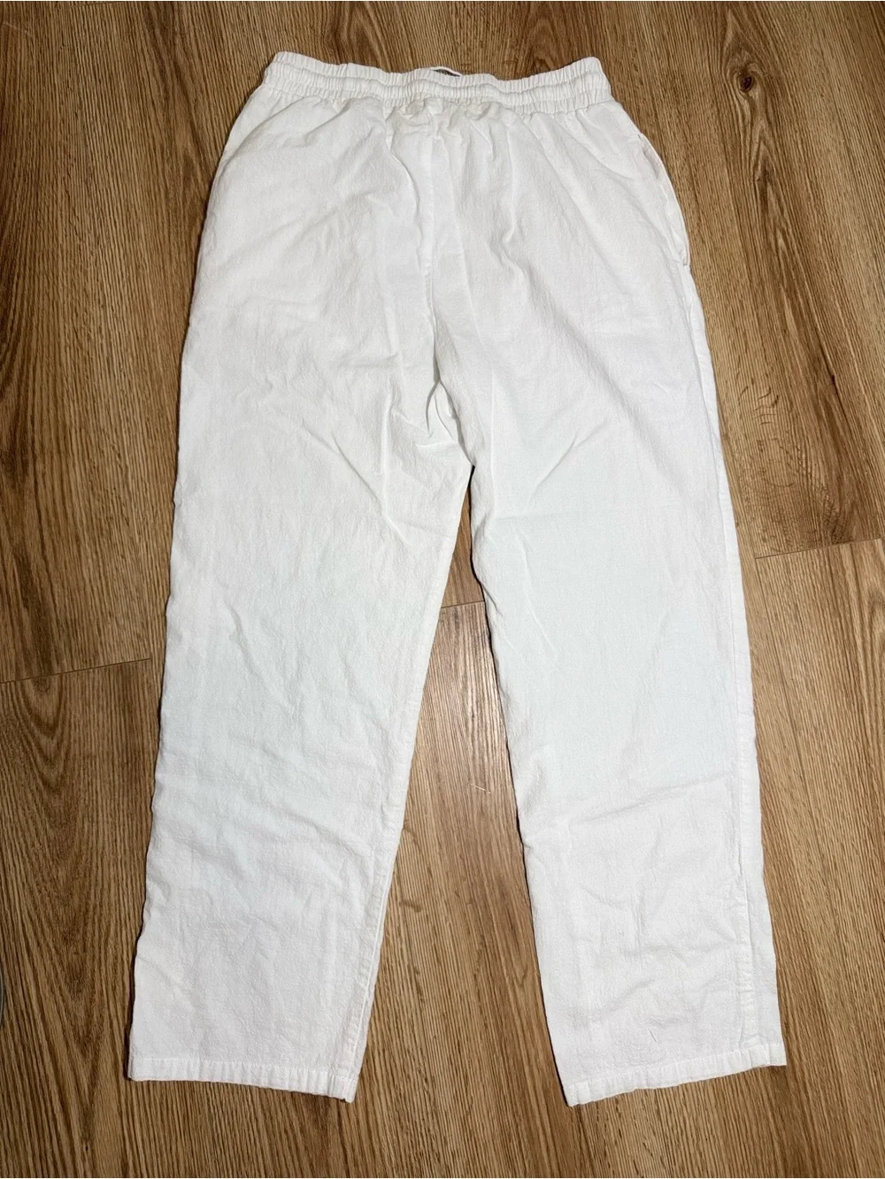 White Cotton Linen Blend Drawstring Straight Leg Pants Womens Medium Beach